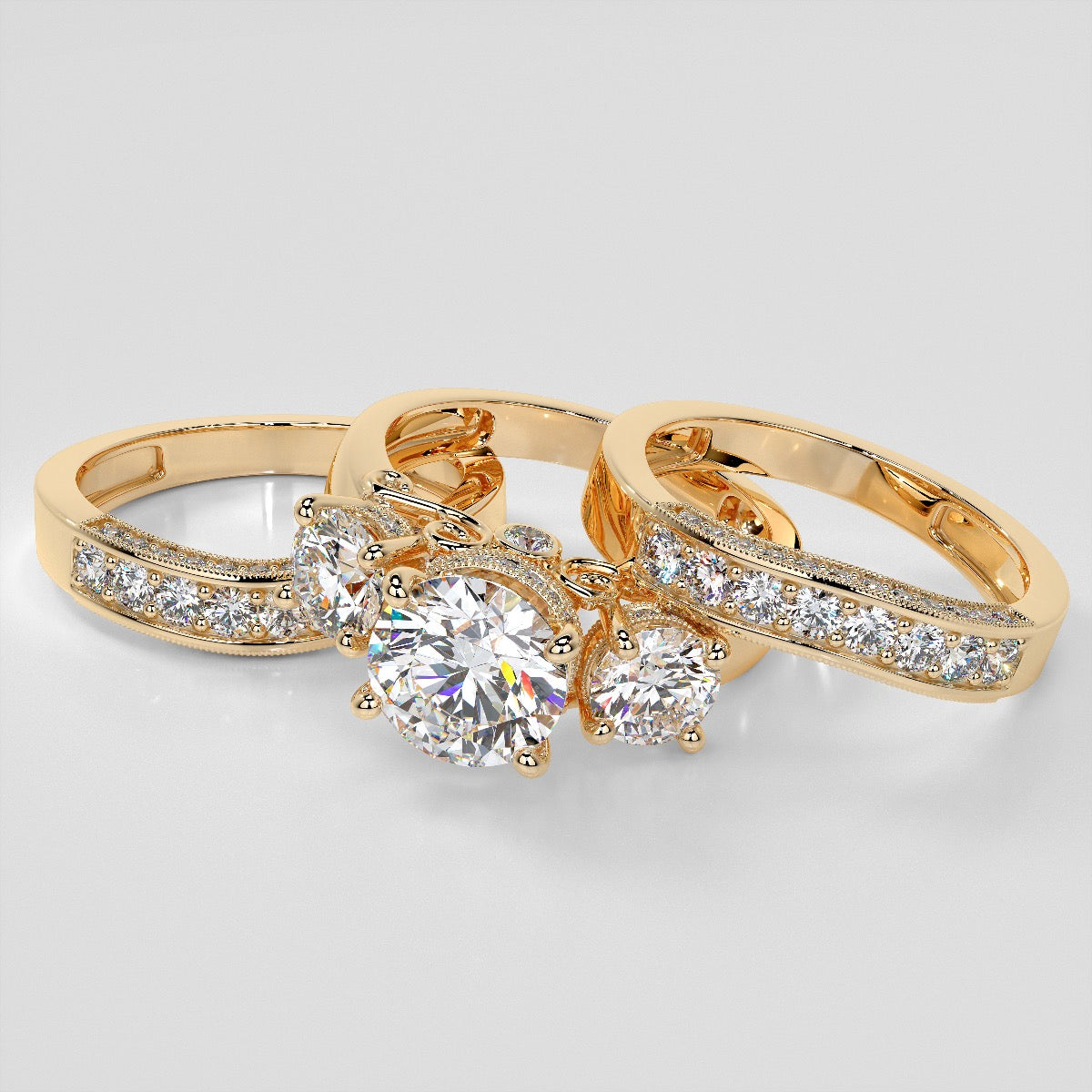 Round Cut Three Stone Filigree Engagement Ring with Crown Accents