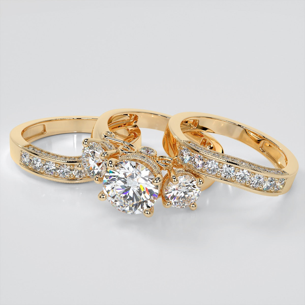 Designer Filigree Style Three-Stone Trio-Wedding Set with Round Accents