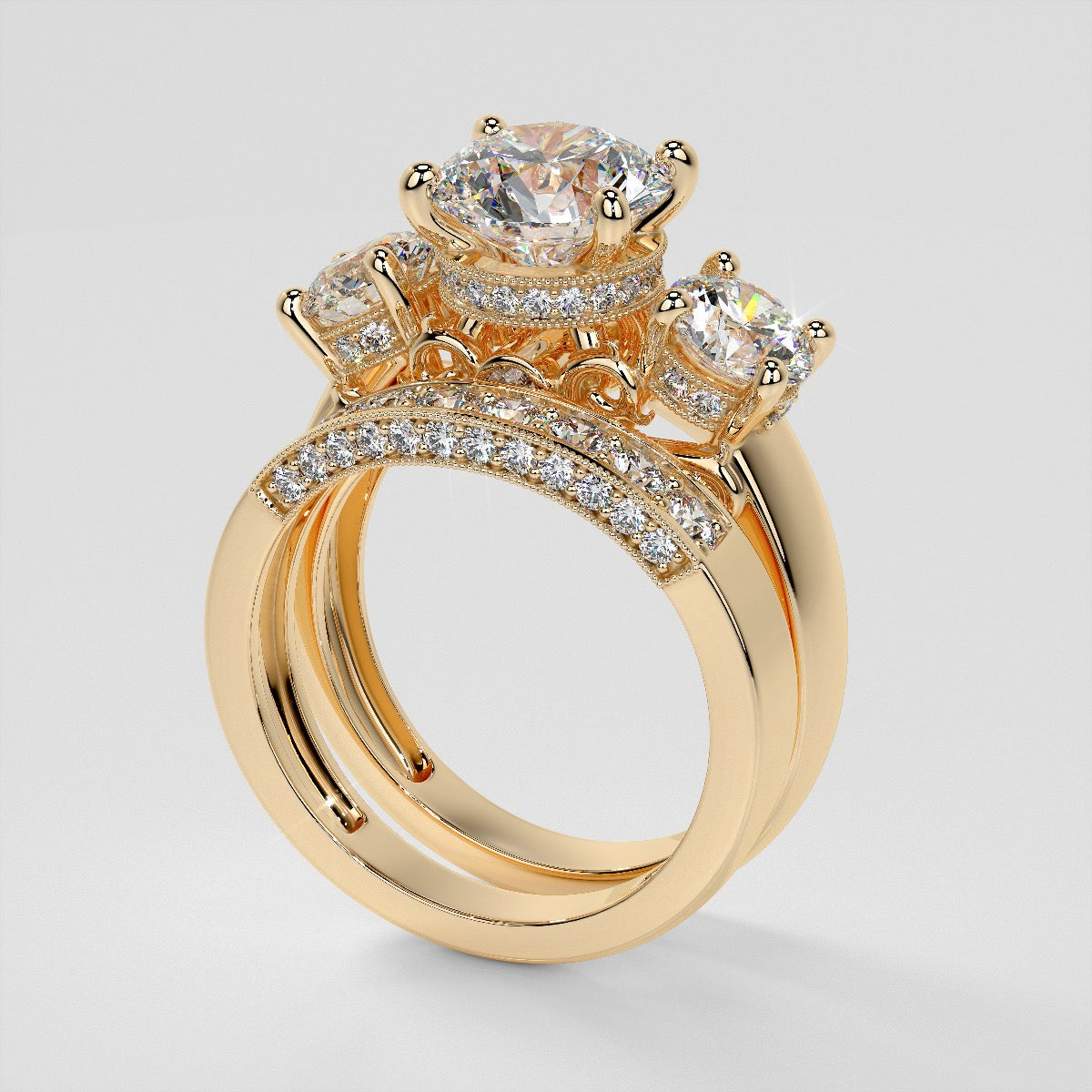 Round Cut Three Stone Filigree Engagement Ring with Crown Accents