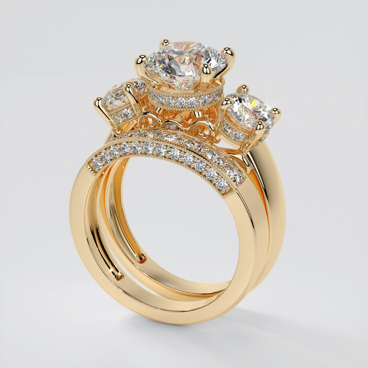 Round Cut Three-Stone Designer Wedding Set with Filigree Accents