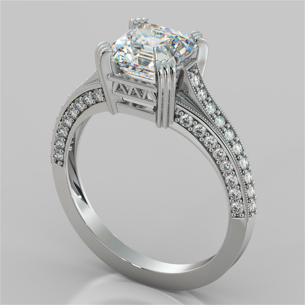 2.0CT Asscher Cut Lab Grown Diamond Tapered Cathedral Engagement Ring