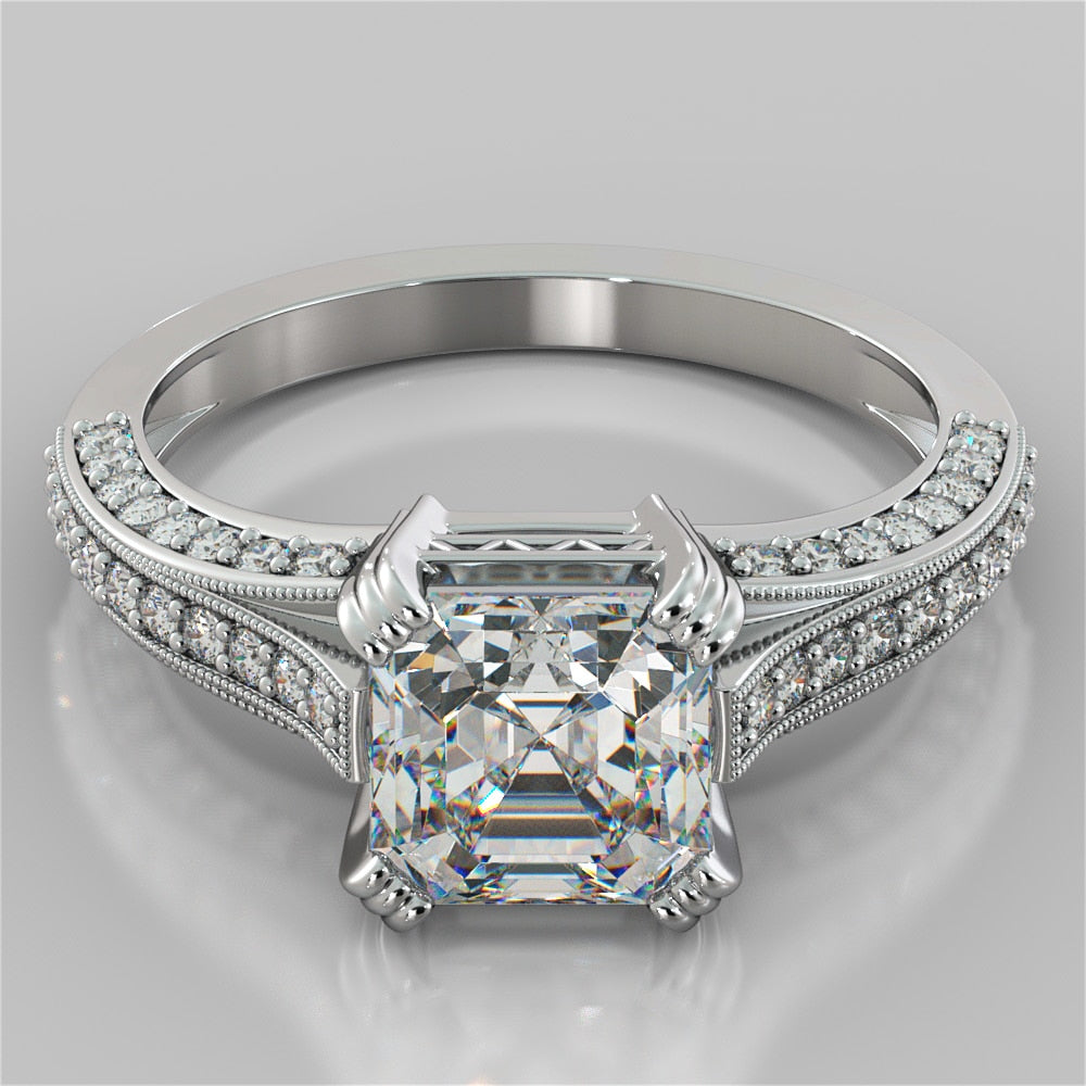 2.0CT Asscher Cut Lab Grown Diamond Tapered Cathedral Engagement Ring