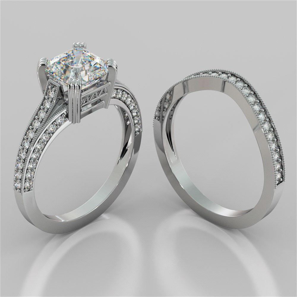 2.0CT Asscher Cut Lab Grown Diamond Tapered Cathedral Engagement Ring