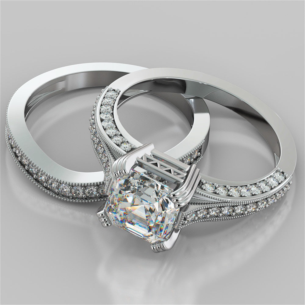 2.0CT Asscher Cut Lab Grown Diamond Tapered Cathedral Engagement Ring