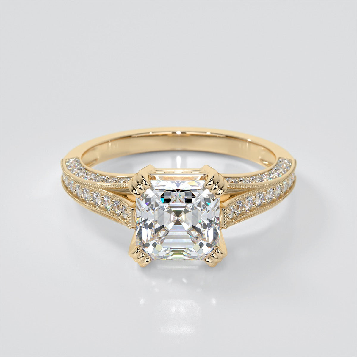 2.0CT Asscher Cut Lab Grown Diamond Tapered Cathedral Engagement Ring