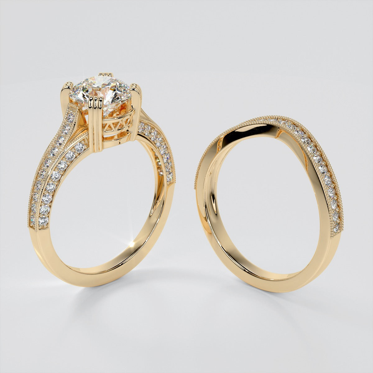 Double Claw Style Round Cut Wedding Set with Accents
