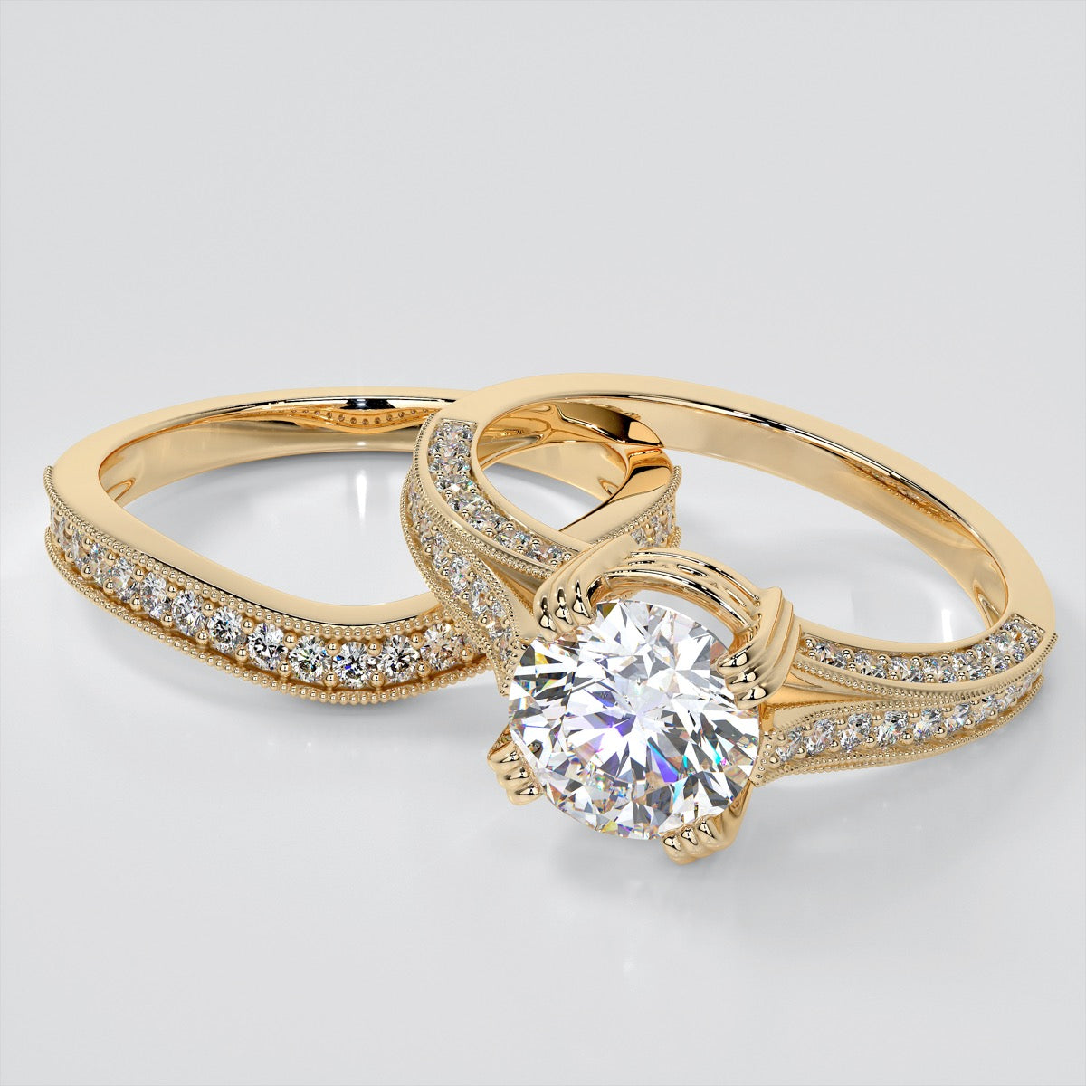 Accented Claw Round Cut Trio Wedding Set