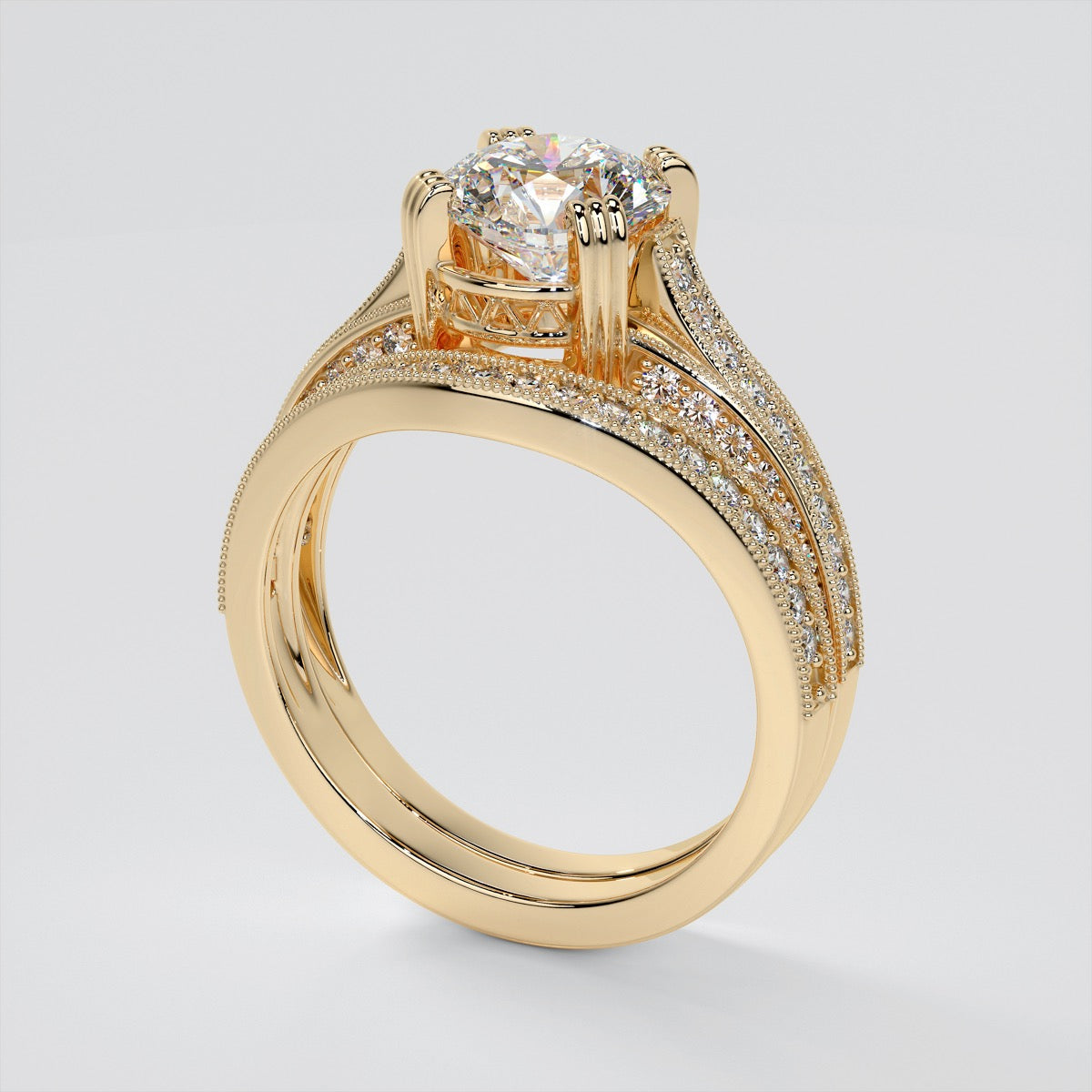 Accented Claw Round Cut Trio Wedding Set