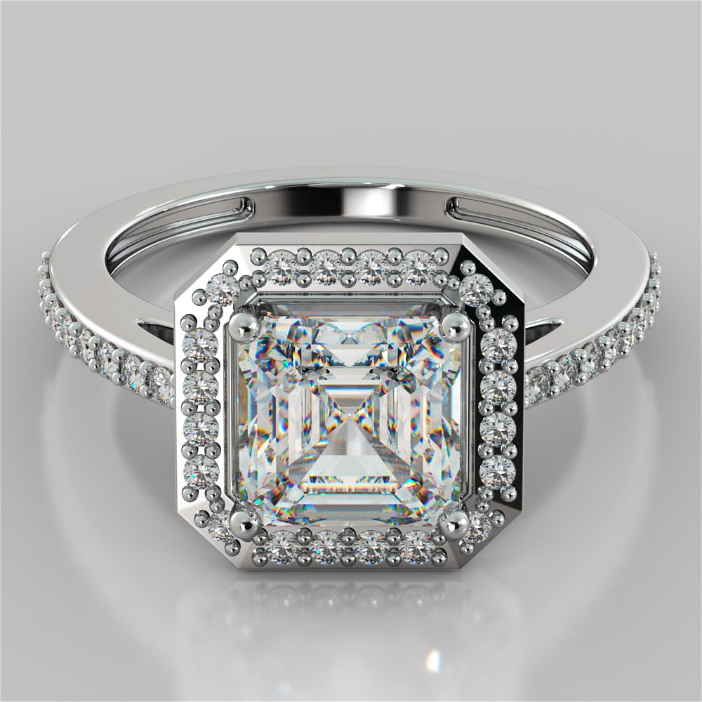 2.0CT Asscher Cut Lab Grown Diamond Halo Filigree Style Engagement Ring