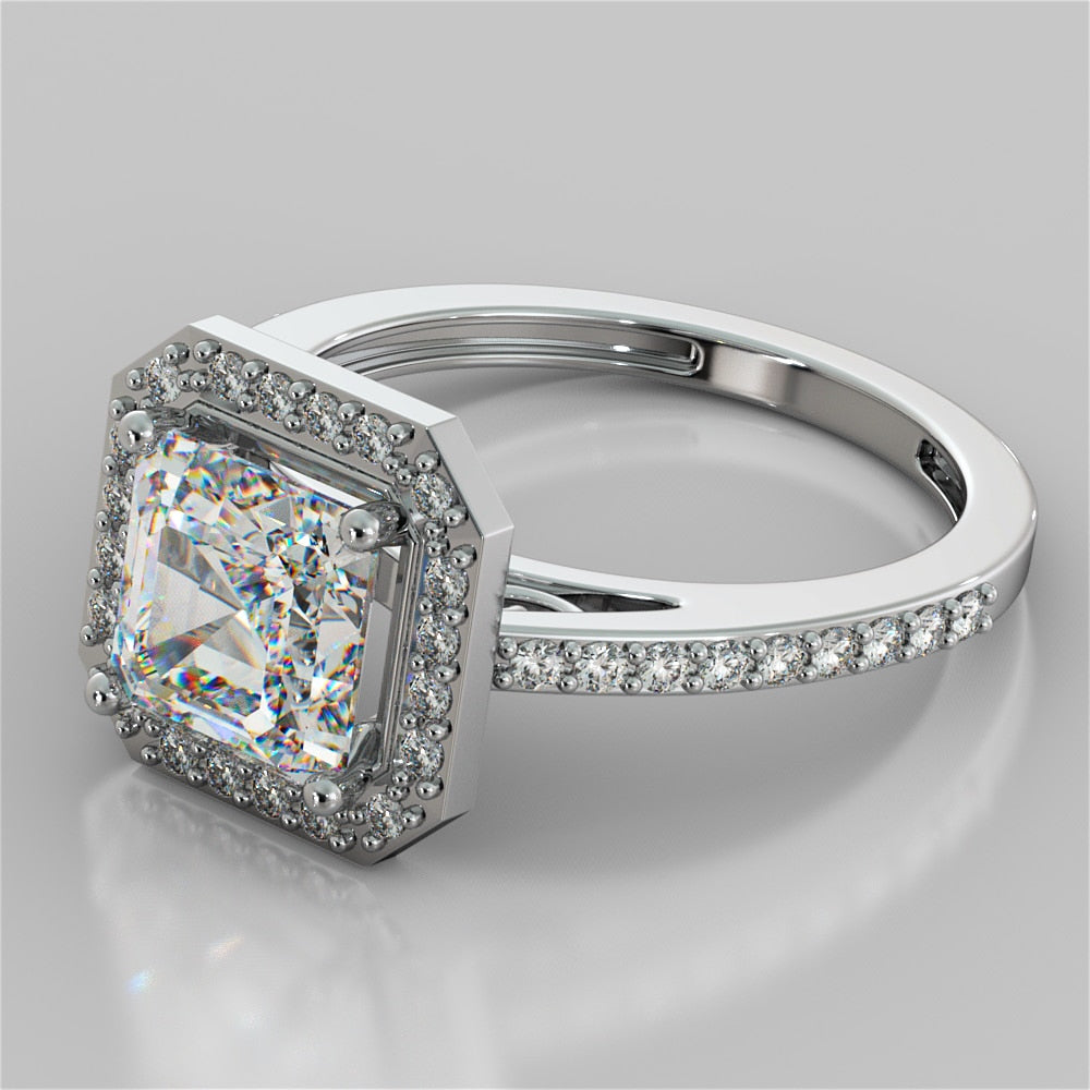2.0CT Asscher Cut Lab Grown Diamond Halo Filigree Style Engagement Ring