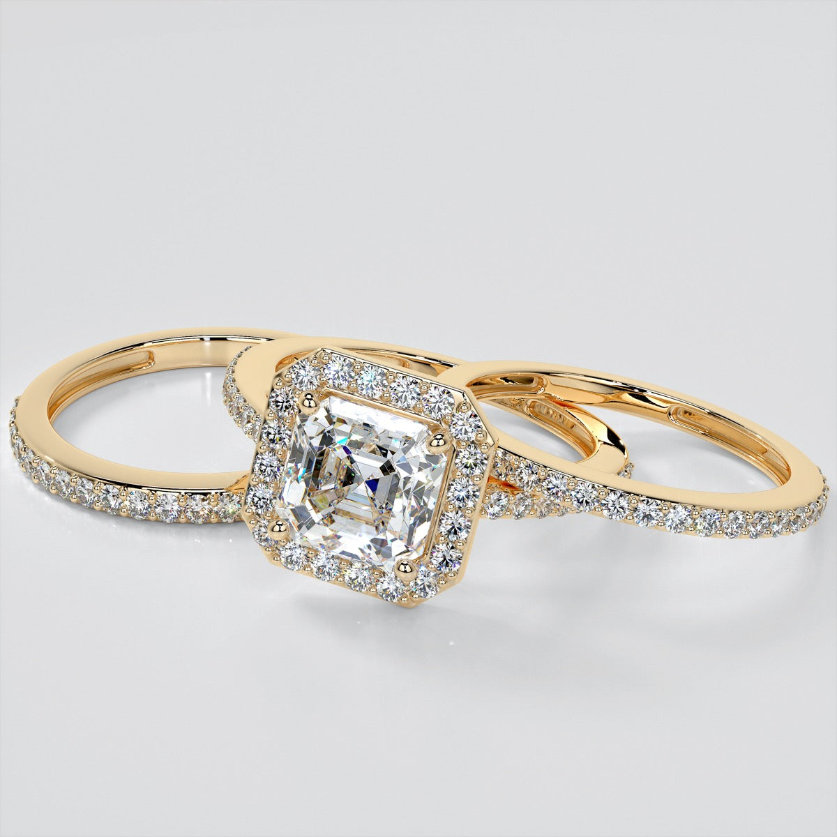 Asscher Cut Halo Style Trio Wedding Set