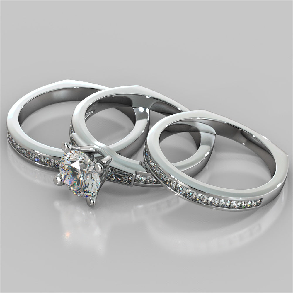 Round Cut Euro-Style Channel Set Wedding Set With 2 Matching Bands