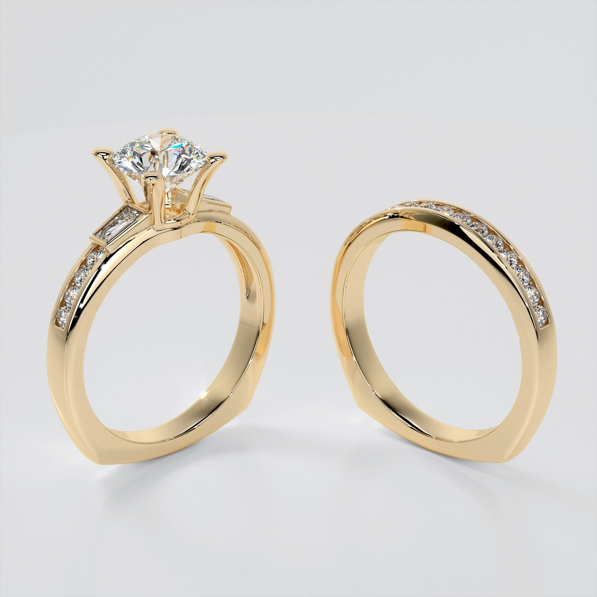 Round Cut Euro-Style Channel Set Wedding Set With 2 Matching Bands