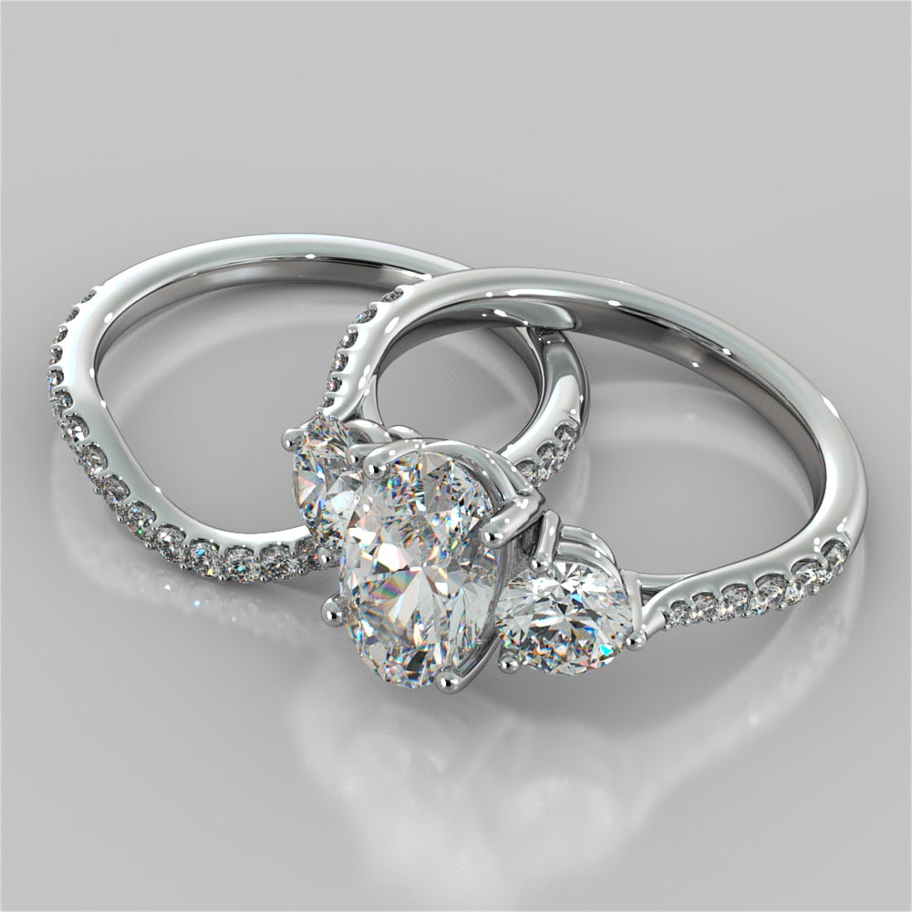 2.4Ct Oval Cut Three-Stone Wedding Set With Accents in 14K White Gold