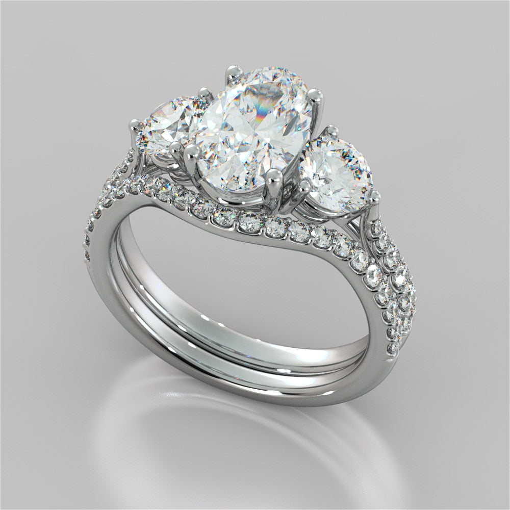2.4Ct Oval Cut Three-Stone Wedding Set With Accents in 14K White Gold