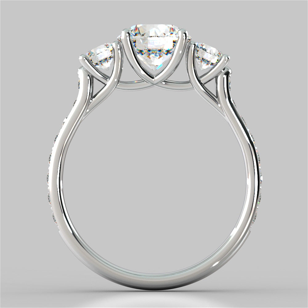Round Cut Three Stone Trellis Engagement Ring