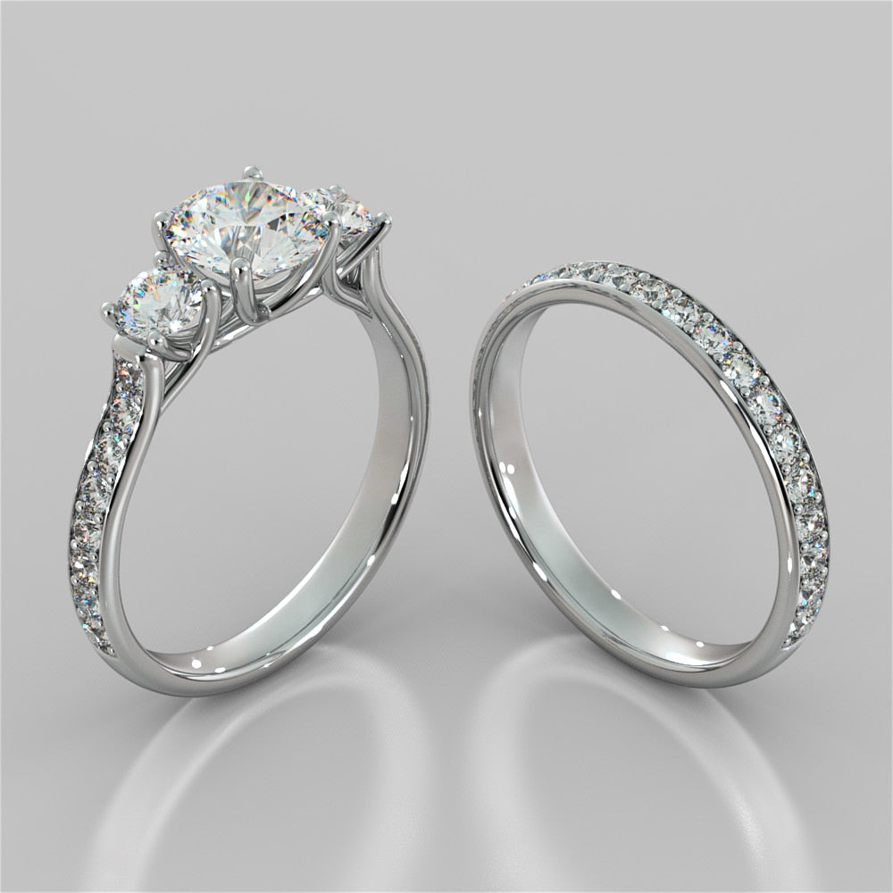 1.25Ct Lab Grown Diamond Round Cut Three Stone Trellis Wedding Set - VS1 - G Color