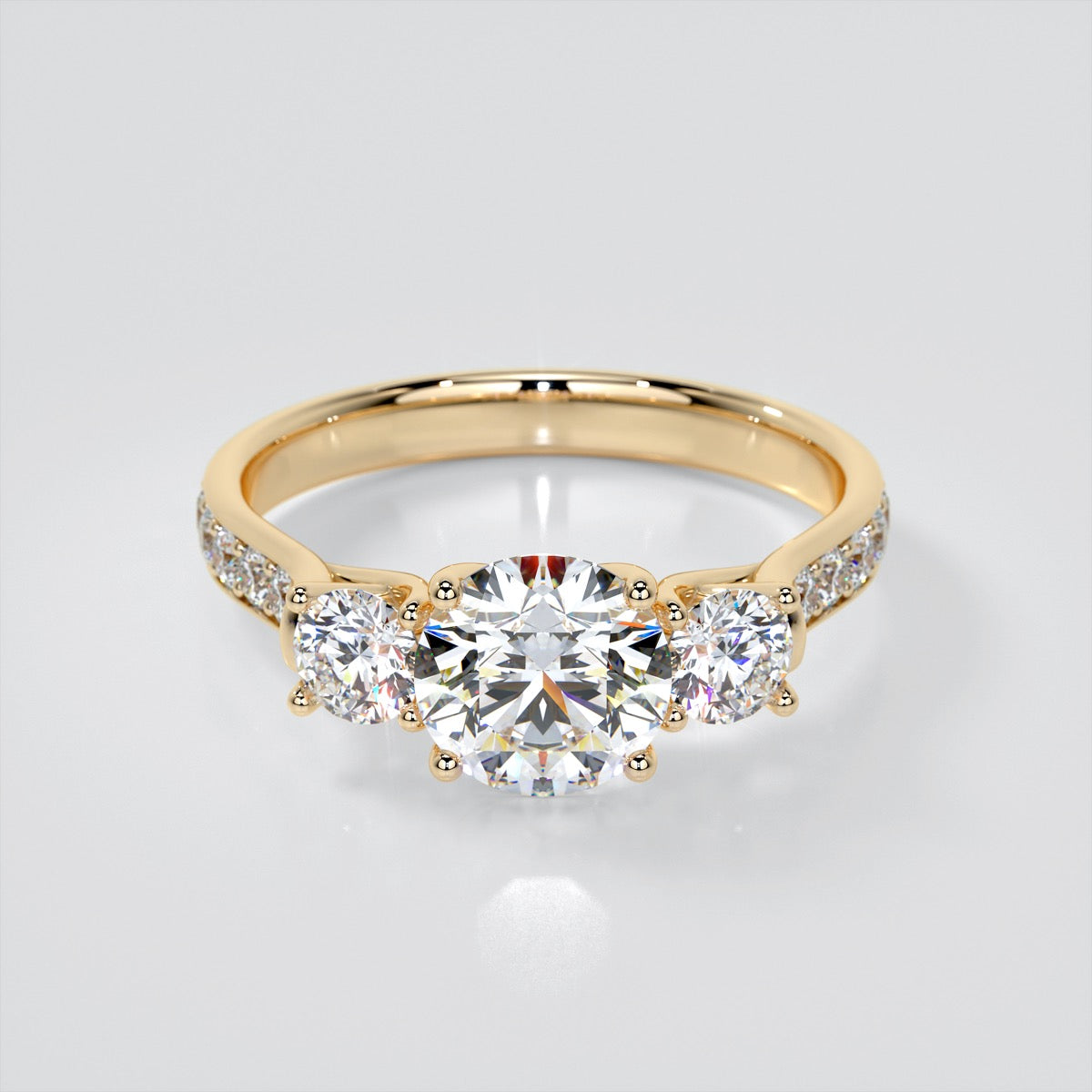 Round Cut Three Stone Trellis Wedding Set With 2 Matching Bands