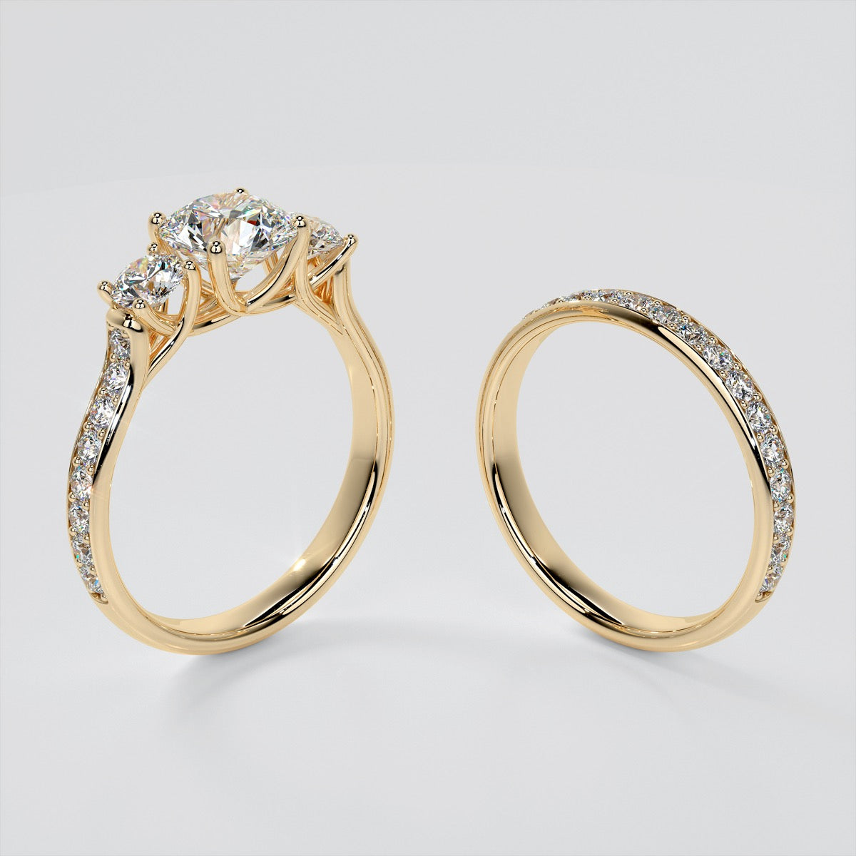Round Cut Three Stone Trellis Wedding Set