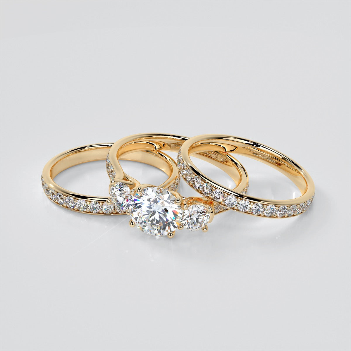 Round Cut Three Stone Trellis Wedding Set