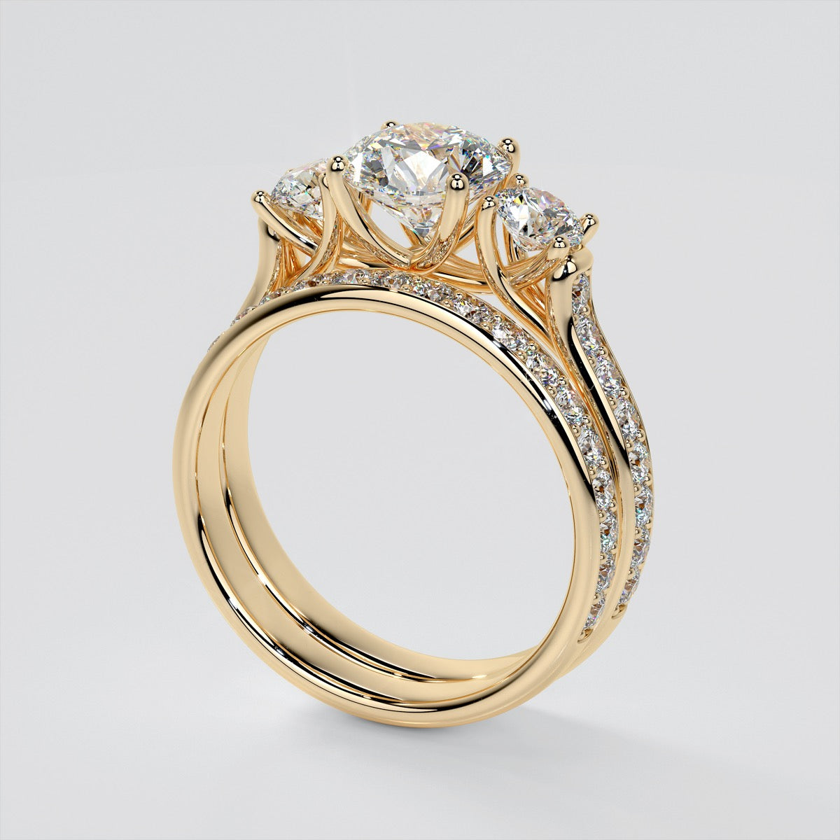 Round Cut Three Stone Trellis Wedding Set