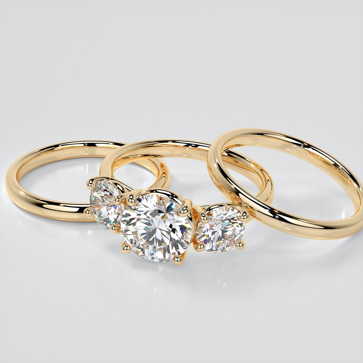 Round Cut Three-Stone Wedding Set With 2 Matching Bands