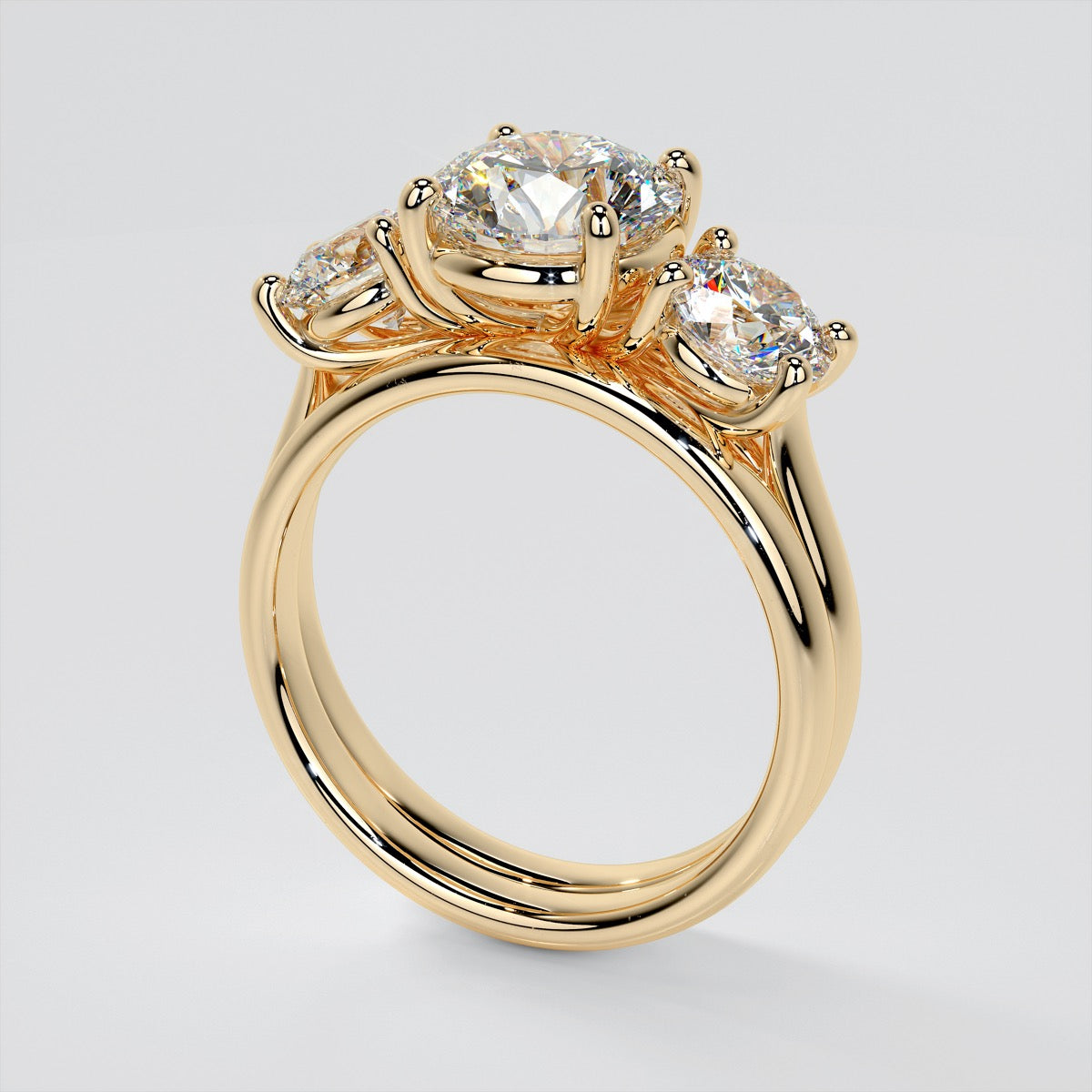 Round Cut Three-Stone Wedding Set With 2 Matching Bands