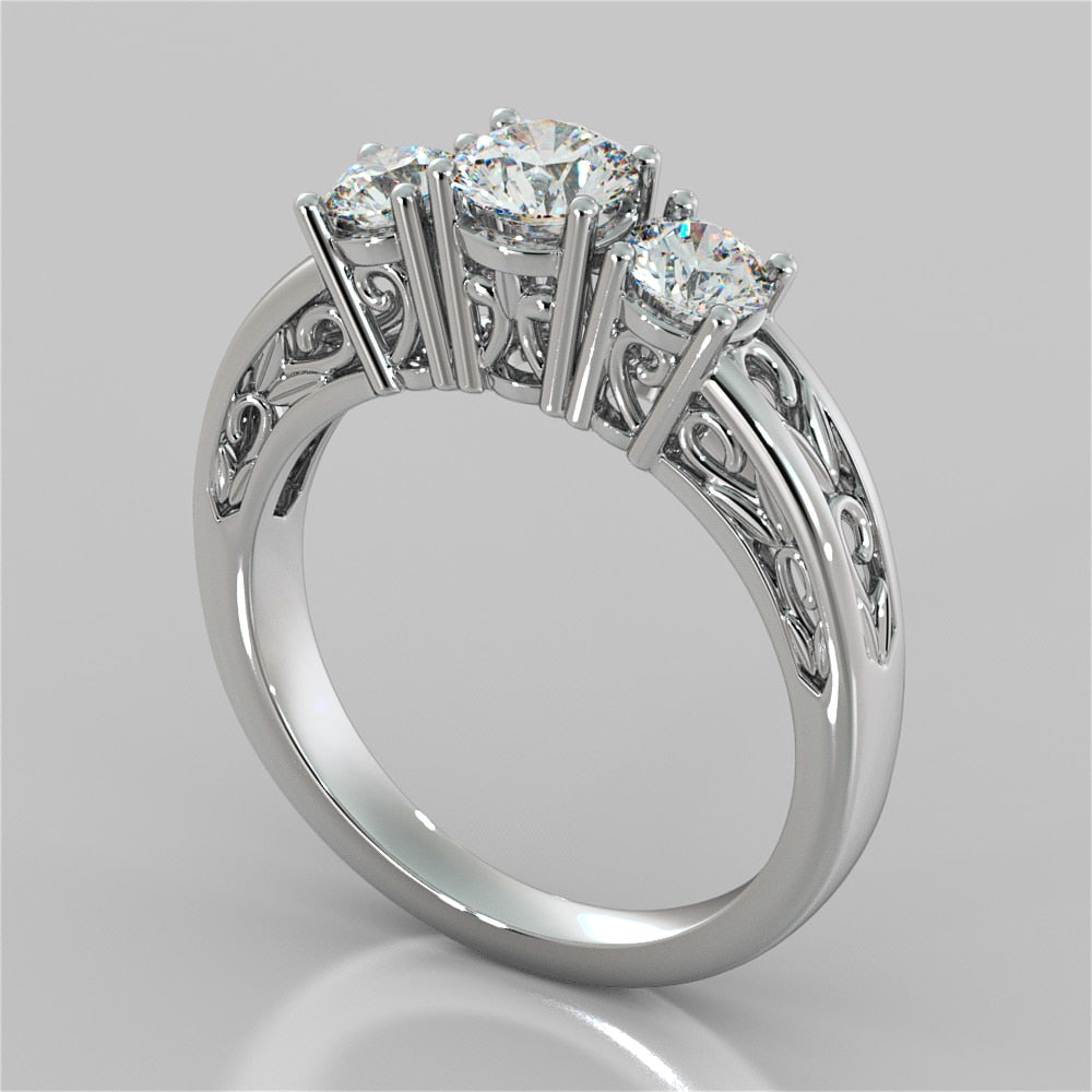 Lab Grown Diamond Round Cut Three-Stone Filigree Engagement Ring