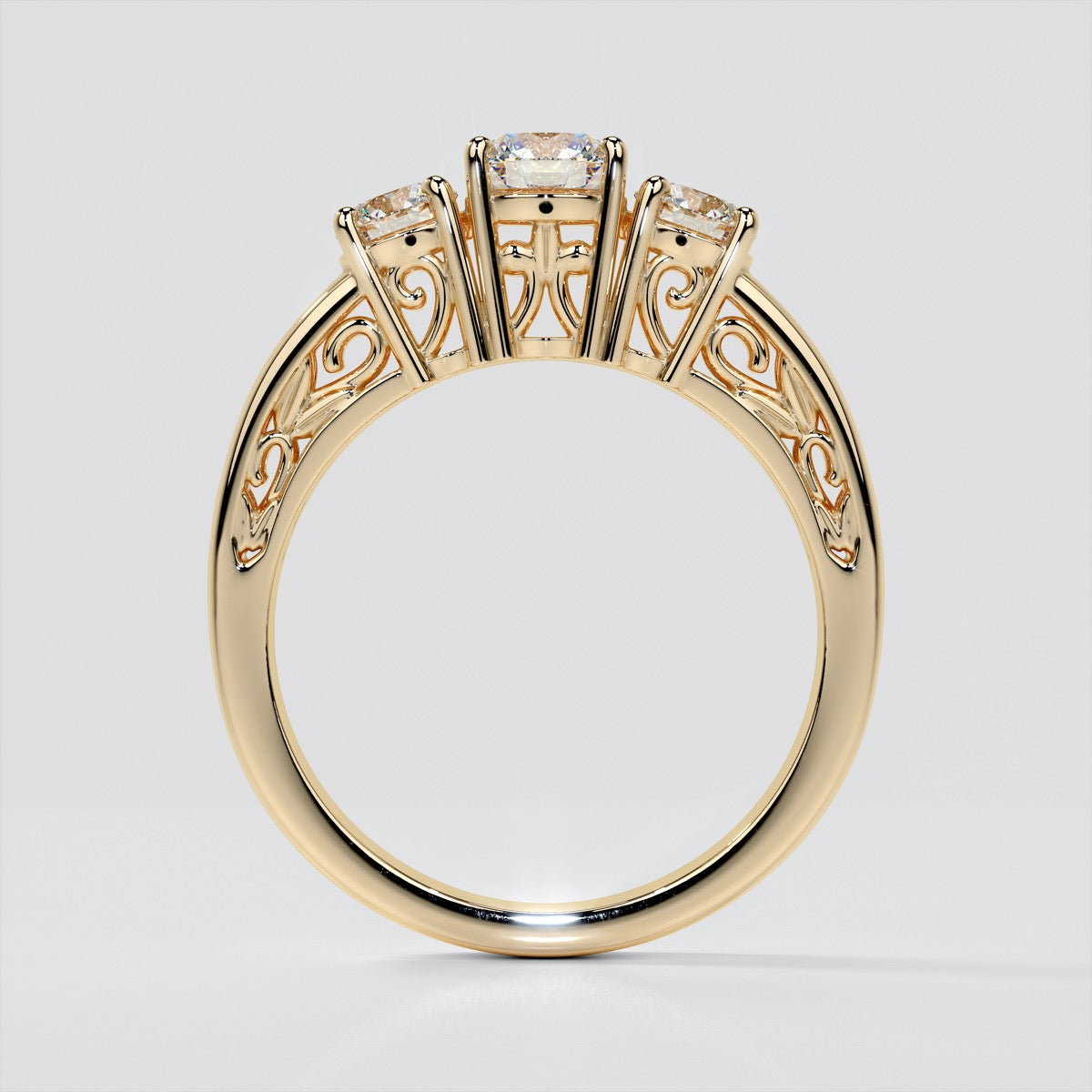 Lab Grown Diamond Round Cut Three-Stone Filigree Engagement Ring
