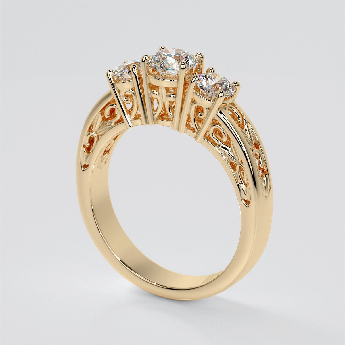 Lab Grown Diamond Round Cut Three-Stone Filigree Engagement Ring