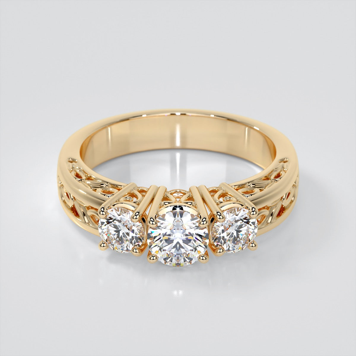 Round Cut Three-Stone Filigree Engagement Ring