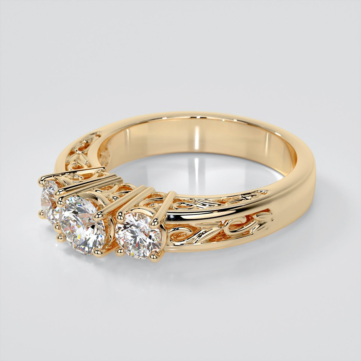 Lab Grown Diamond Round Cut Three-Stone Filigree Engagement Ring