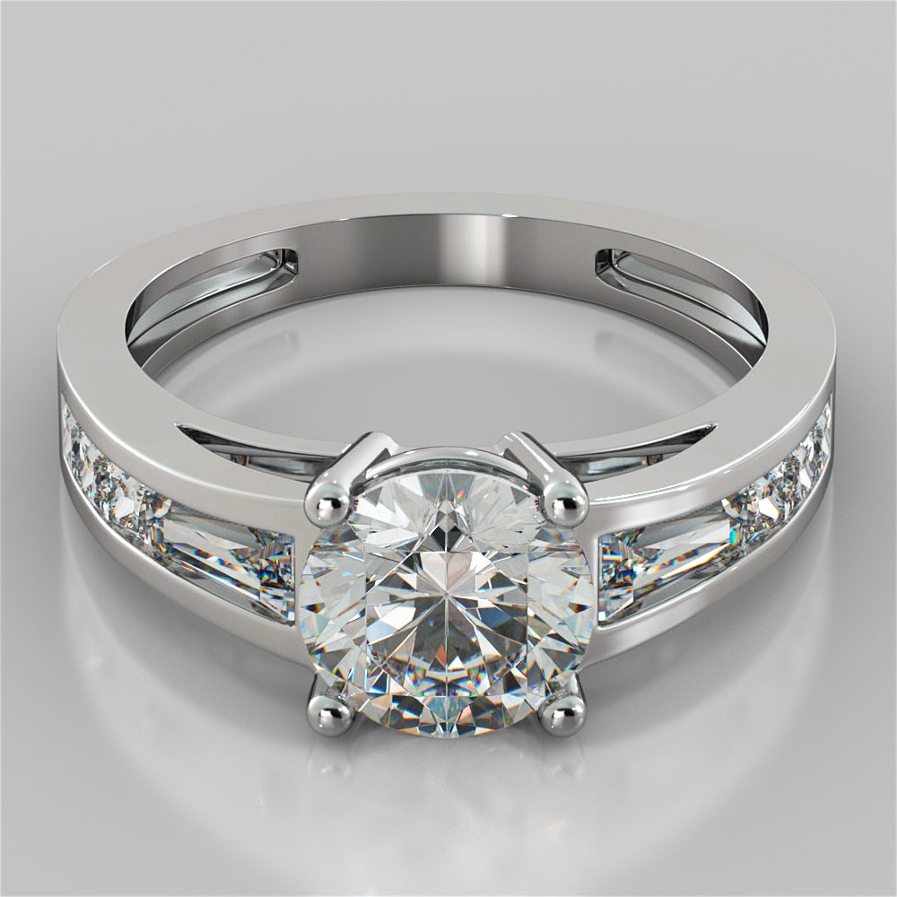 1.5CT Round Cut Lab Grown Diamond Cathedral Engagement Ring with Baguette Accents