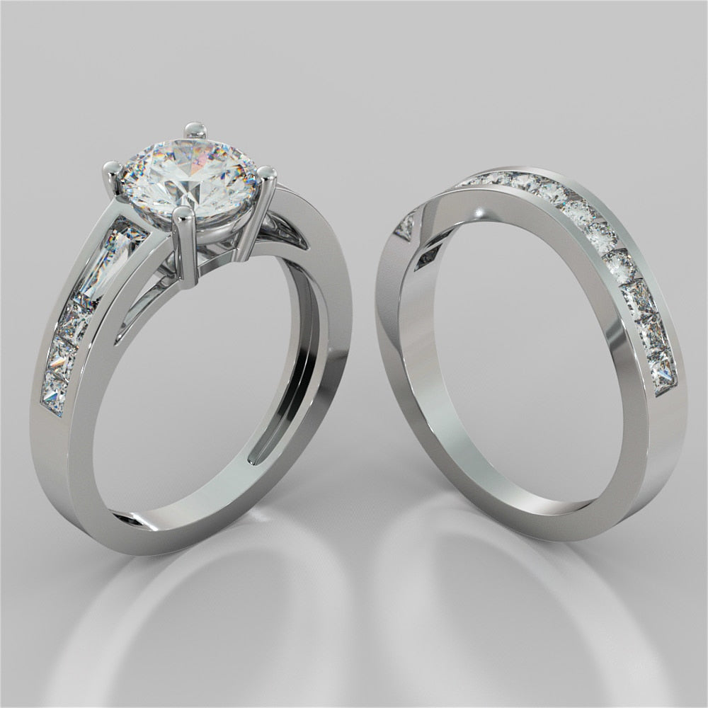 1.5CT Round Cut Lab Grown Diamond Cathedral Engagement Ring with Baguette Accents