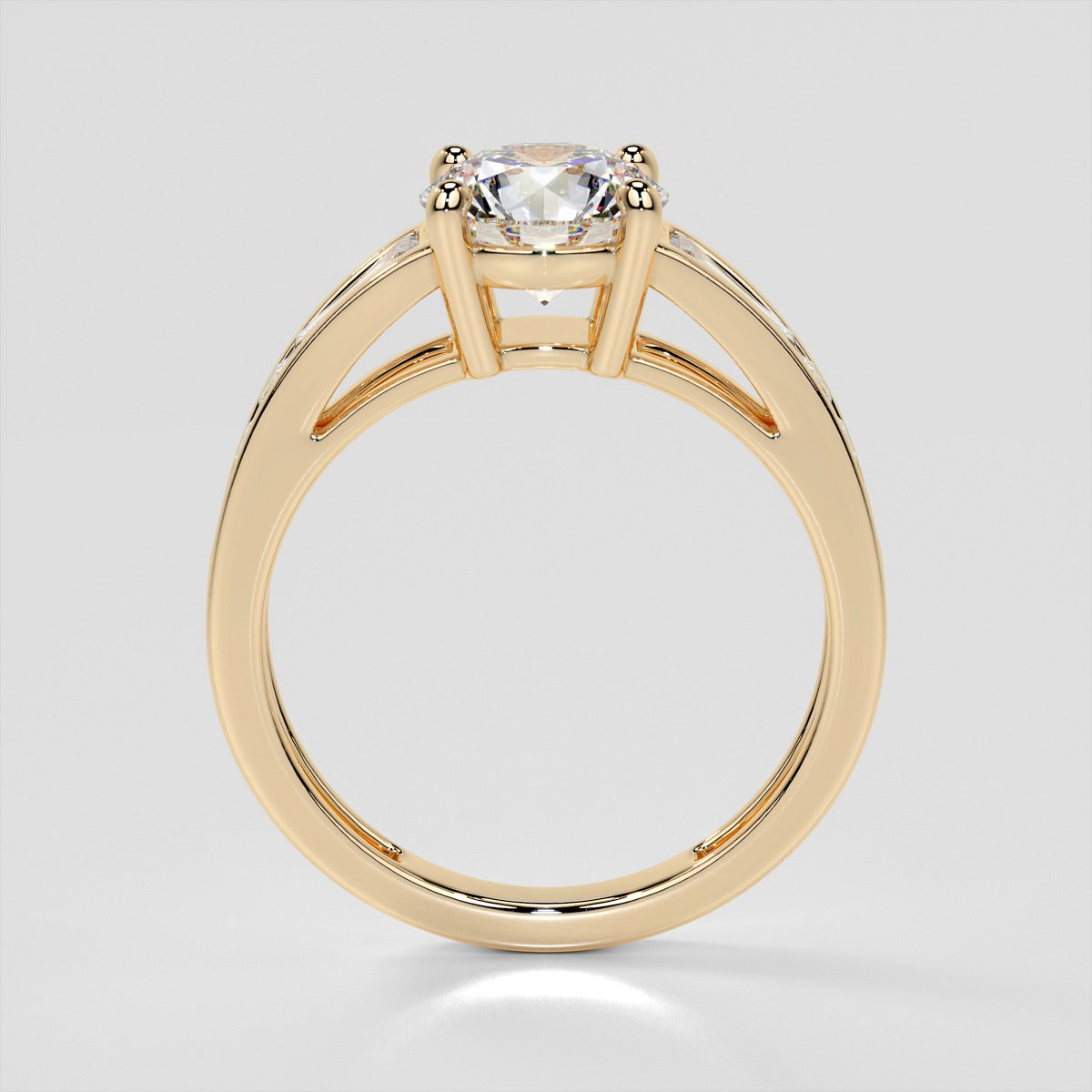 Round Cut Cathedral Engagement Ring with Baguette Accents