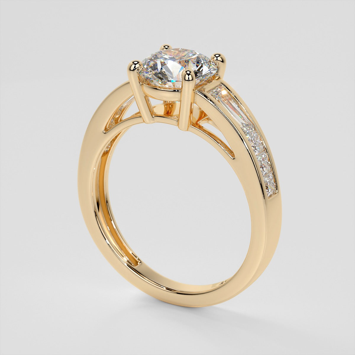 1.5CT Round Cut Lab Grown Diamond Cathedral Engagement Ring with Baguette Accents