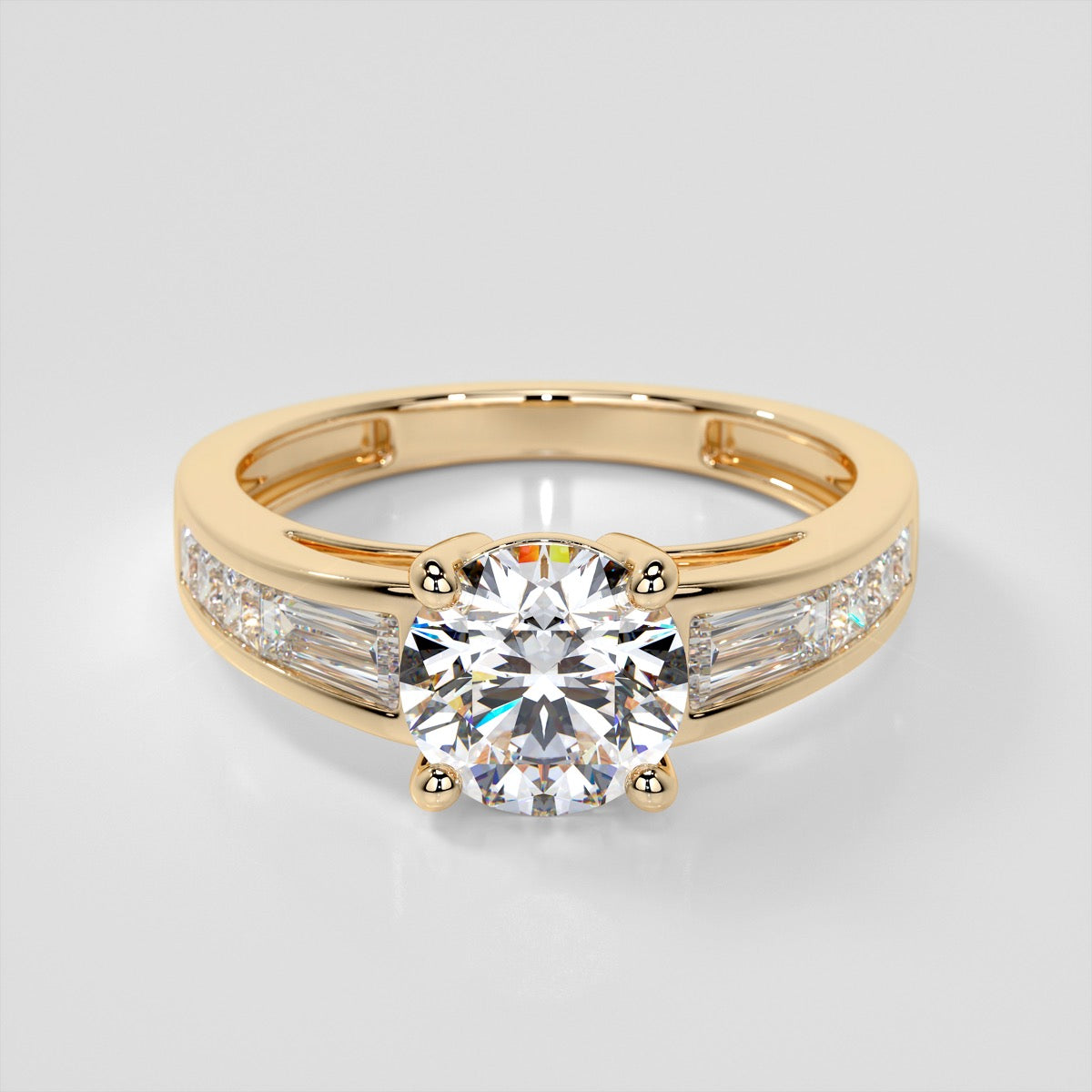 1.5CT Round Cut Lab Grown Diamond Cathedral Engagement Ring with Baguette Accents