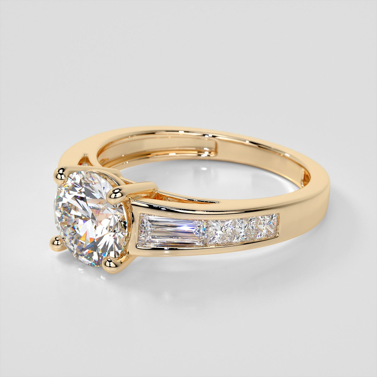 1.5CT Round Cut Lab Grown Diamond Cathedral Engagement Ring with Baguette Accents