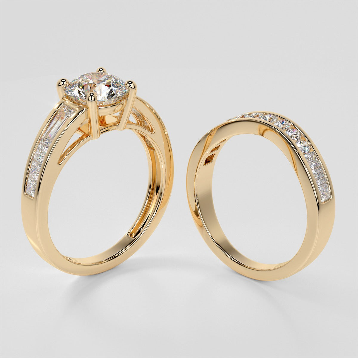 1.5CT Round Cut Lab Grown Diamond Cathedral Engagement Ring with Baguette Accents