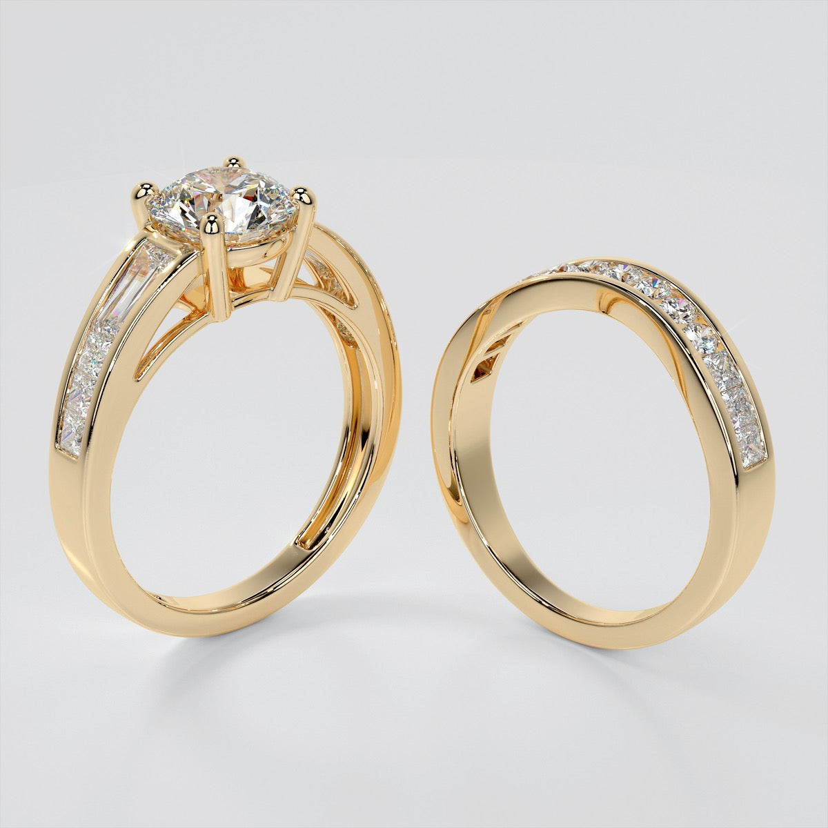 Round Cut Wedding Set With Baguettes Accents
