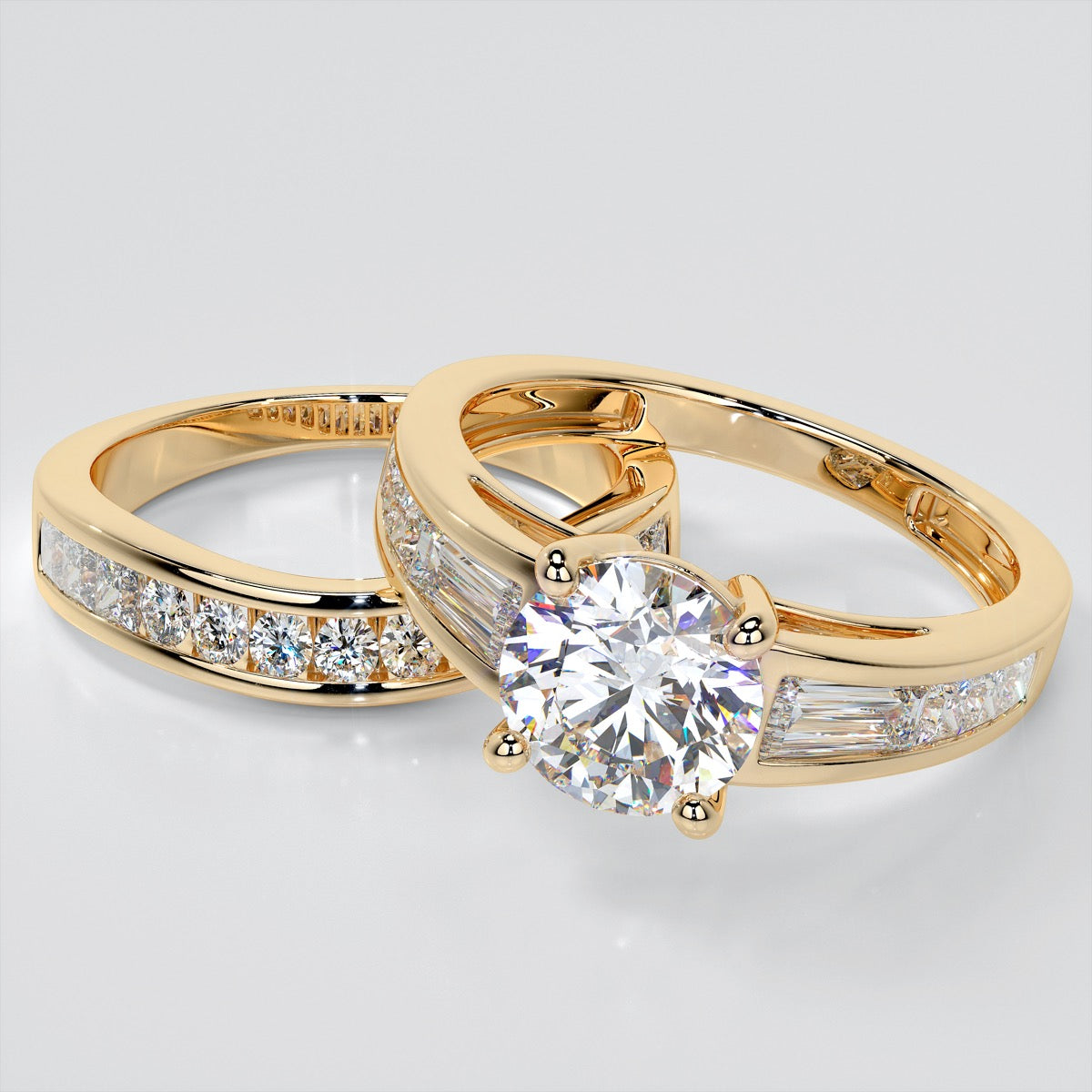 Round Cut Trio Wedding Set With Baguettes Accents