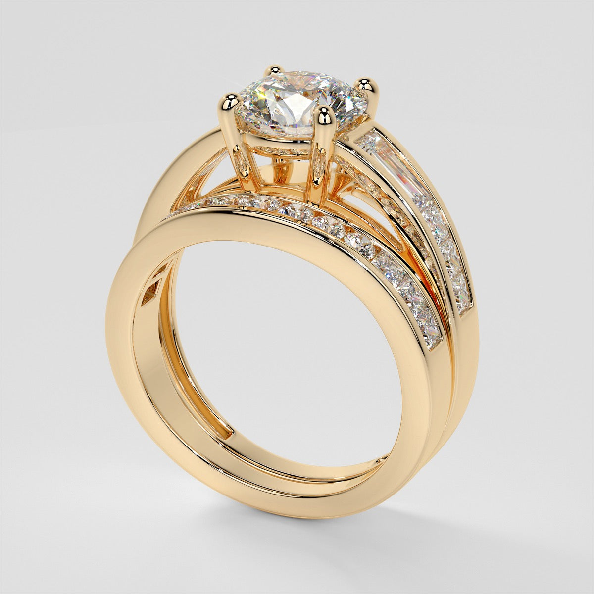 1.5CT Round Cut Lab Grown Diamond Cathedral Engagement Ring with Baguette Accents