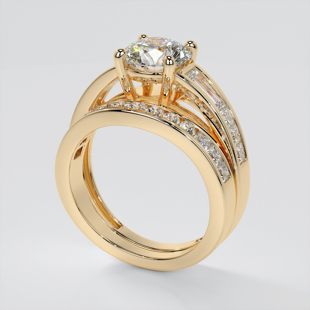 Round Cut Trio Wedding Set With Baguettes Accents
