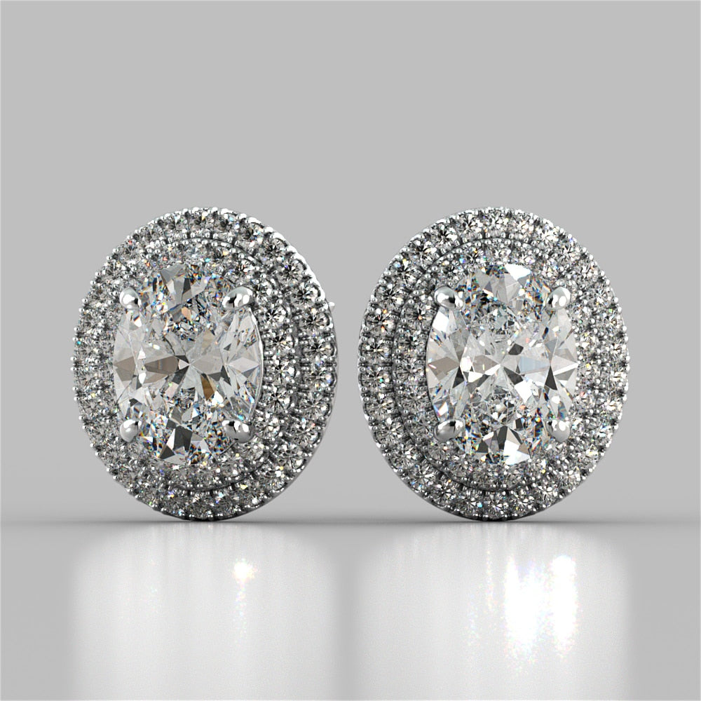 Oval Cut Prong Set Double Tier Halo Earrings – Sold as a Pair