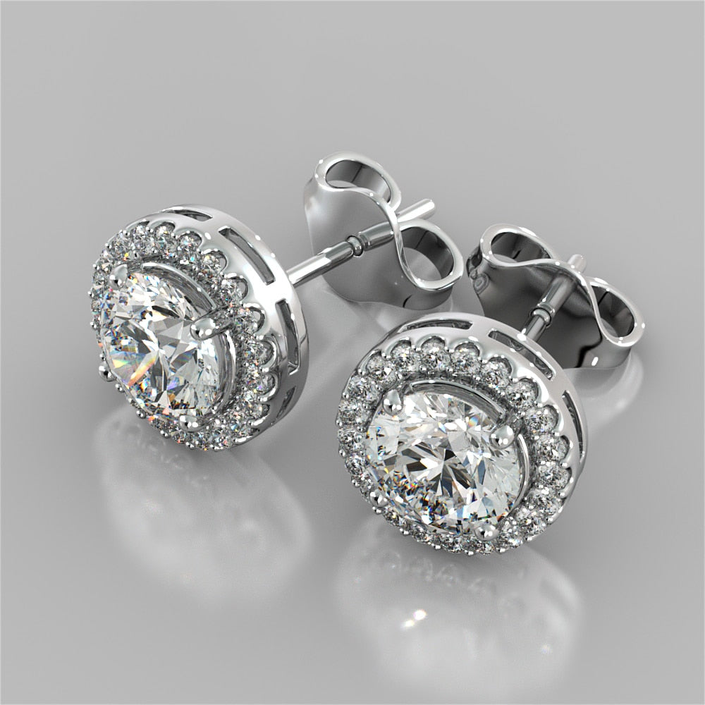 Round Cut Prong Set Tier Halo Earrings