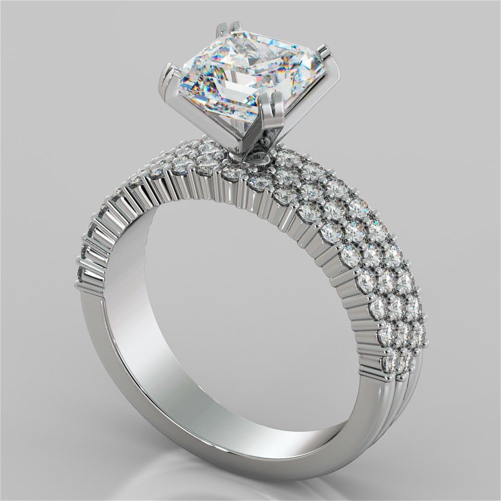 2.0CT Asscher Cut Lab Grown Diamond Three-Row Pavé-Style Engagement Ring