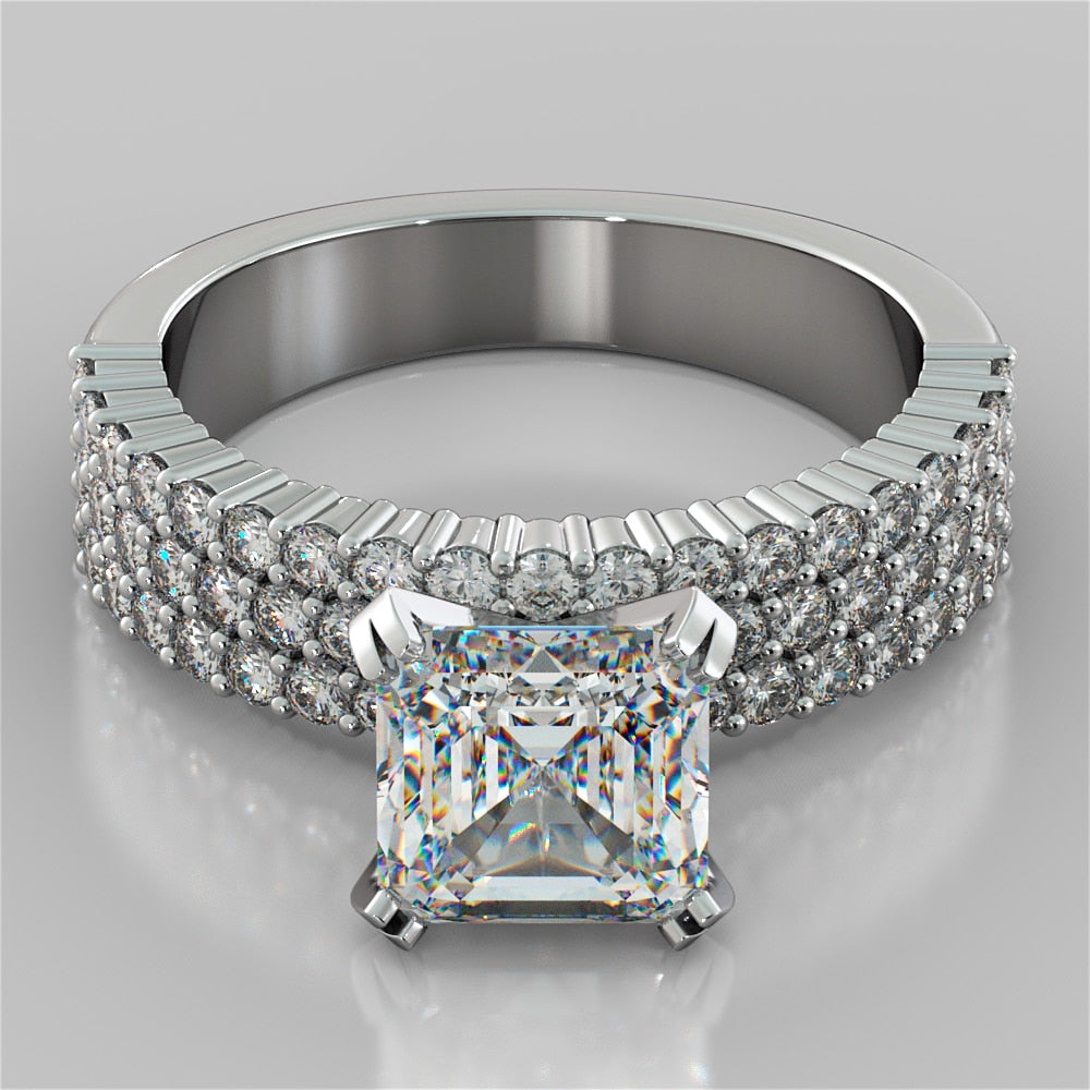 2.0CT Asscher Cut Lab Grown Diamond Three-Row Pavé-Style Engagement Ring
