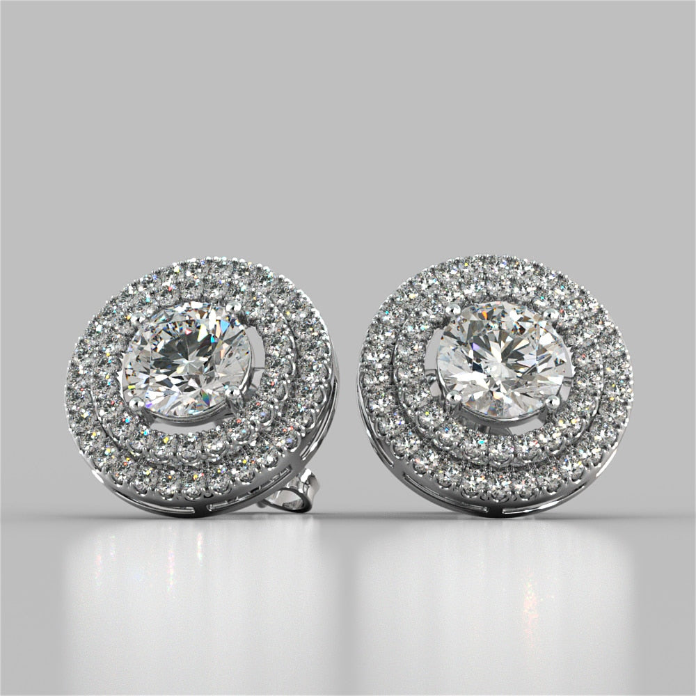 Round Cut Double Pave Style Halo Earrings