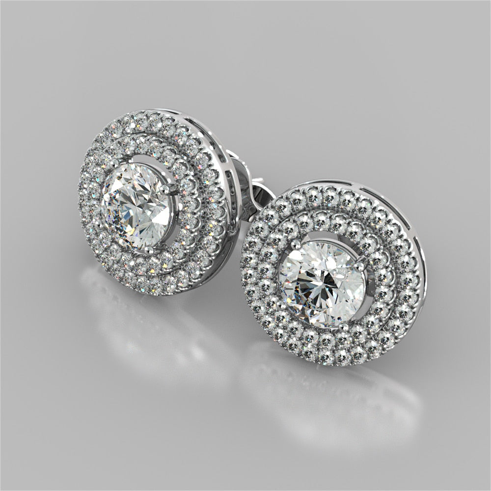 Round Cut Double Pave Style Halo Earrings