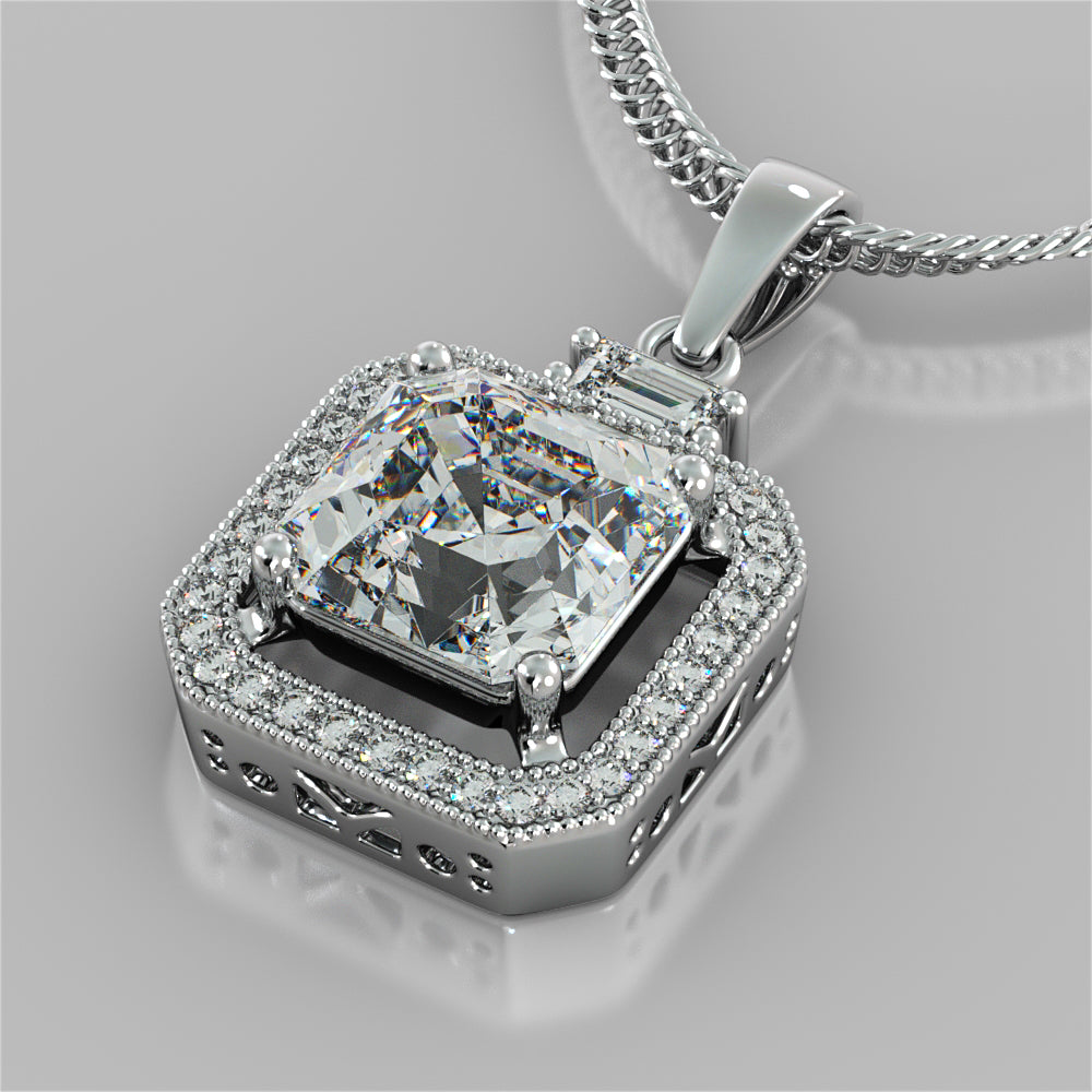 3.3Ct Asscher Cut Halo Pendant with 16" Chain Included